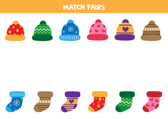 Match pairs of caps and socks. Educational worksheet for kids.