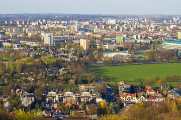 Beautiful view from the Tadeusz Kosciuszko mound in Krakow, Poland. Selective focus.
Kosciuszko mound is city landmark from 1823, dedicated to Polish and American military hero Tadeusz Kosciuszko