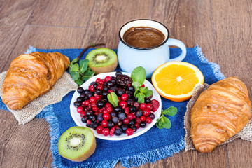 Healthy Breakfast with French Croissants ,Fruits and Coffee 