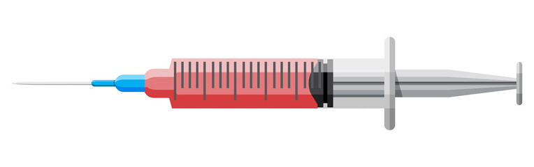 Medical plastic syringe with red liquid. Injection syringe needles. Medical equipment. Healthcare. Vector illustration in flat style