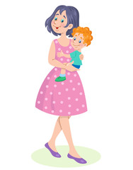 Happy family. Young mother with a small child in her arms.  In cartoon style. Isolated on white background. Vector illustration. 