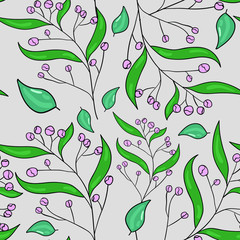 Seamless vector pattern with wild flowers and green leaves on pink background. Good for printing. Wallpaper, fabric and textile design. Cute floral wrapping paper pattern.