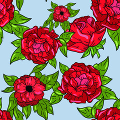 Seamless vector pattern with red roses and green leaves on blue background. Good for printing. Wallpaper, fabric and textile design. Cute floral wrapping paper pattern.