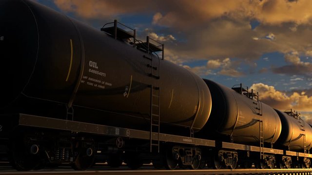 Transportation tank cars with oil during sunset. Oil tankers are transported by rail. The concept of development of the oil refining industry. 3d Animation 4k Ultra HD 3840x2160