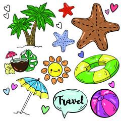 Color vector illustration with swimming circle, ball, sun, cocktail, palm, umbrella and starfish on white background. Good for printing. Postcard and logo elements. Isolated set.