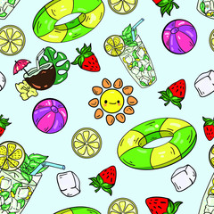 Seamless vector pattern with sun, boll, cocktail, fruit, lemon on blue background.   Good for printing. Wallpaper, fabric and textile idea. Wrapping paper design.  Summer party pattern.