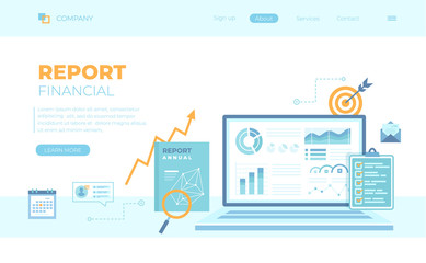 Financial Report. Accounting, analysis, audit, research, results. Laptop with graphs and charts on the screen, clipboard, report, target, calendar, magnifier.Can use for web banner, landing page, web 
