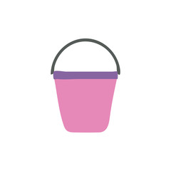 Pink plastic bucket isolated on white background. A bucketful for washing food, storage water. Household chores and gardening pail. Vector illustration in cartoon style