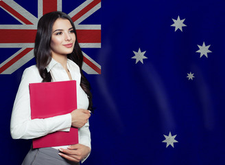 Young woman with red book. Learn or business concept