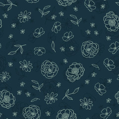Cute hand drawn lineart flowers seamless pattern, floral background, great for spring and summer themes, Mother's Day, Valentine's Day, fabrics, wrapping, banners, wallpapers - vector design