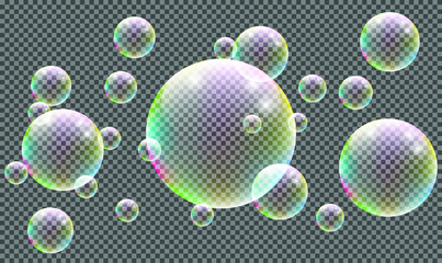 Set of realistic transparent colorful soap bubbles isolated on Transparent background. Vector texture.