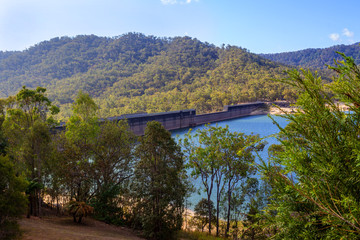 Low water level at the dam wall at Tinaroo Falls Dam in Queensland, Australia