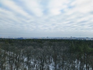 Aerial panoramic view of snowy forest and city