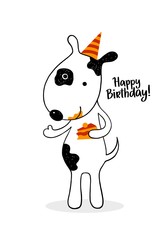 Funny hand drawn dog eating cake in a birthday hat. Happy birthday flat vector illustration with text for gift cards