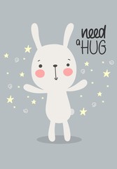 Obraz na płótnie Canvas Cute little bunny with a text need a hug. Flat vector illustration for gift cards and kids fashion