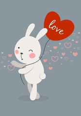 Obraz na płótnie Canvas Funny smiling white bunny with heart balloon love. Happy Valentines day gift card design. Flat vector illustration