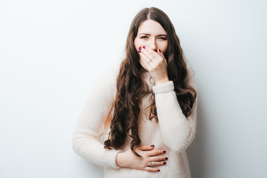 on a white background a young girl with long hair nausea