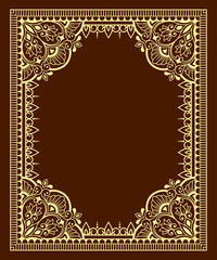 Frame in eastern tradition. Stylized with henna tattoos decorative pattern for decorating covers for book, notebook, casket, magazine, postcard and folder. Flower mandala in mehndi style.