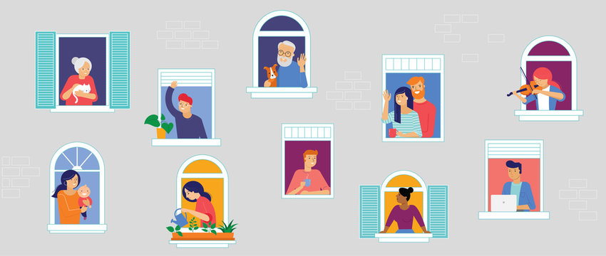 Stay at home, concept design. Different types of people, family, neighbors in their own houses. Self isolation, quarantine during the coronavirus outbreak. Vector flat style illustration stock