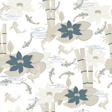Natural textile seamless pattern in japanese style. Lotus flowers, bamboo and tropical fish in soft pastel colors. Vector illustration for fabric, bedding and tiles.