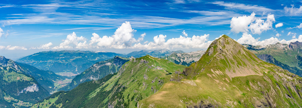 Switzerland, Panoramic view on Schynige Platte and green Alps around Mannlichen