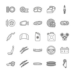 Auto parts for car service line icon set. Vector illustrations to indicate product categories in the online auto parts store. Car repair. Brake pad, wheel, tire, wiper blade, spark plug, brake rotor