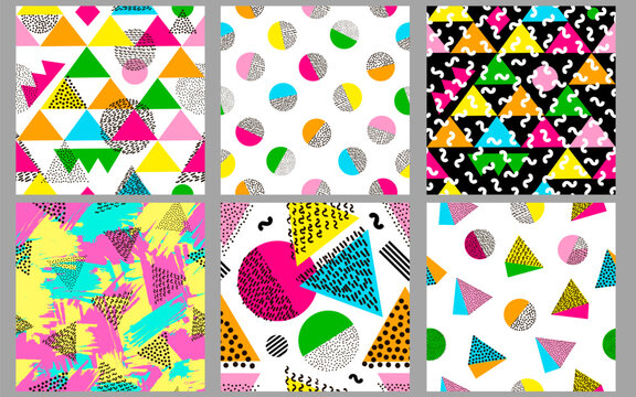 Seamless patterns. Geometric backgrounds. Memphis style. 80s years.
