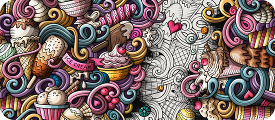 Ice cream hand drawn doodle banner. Cartoon detailed flyer.