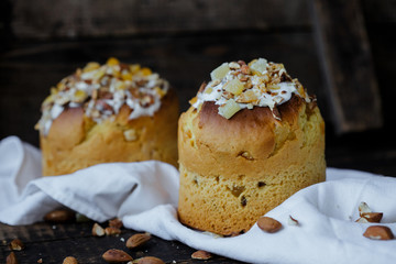 Easter cake. Easter holiday. Freshly baked Easter and decorated on a white towel