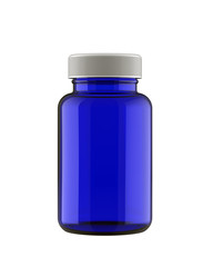 Blue Transparent Plastic Bottle for Pills Packing. 3D Render Isolated on White Background.
