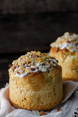 Easter cake. Easter holiday. Freshly baked Easter and decorated on a white towel