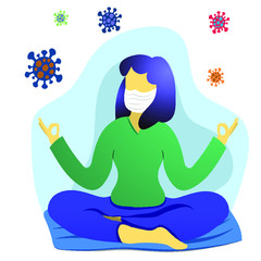 Girl meditates around coronavirus