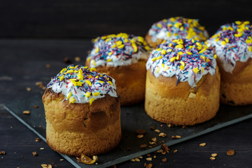 Easter cake. Easter holiday. Freshly baked Easter and decorated on a white towel