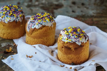 Easter cake. Easter holiday. Freshly baked Easter and decorated on a white towel