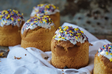 Easter cake. Easter holiday. Freshly baked Easter and decorated on a white towel