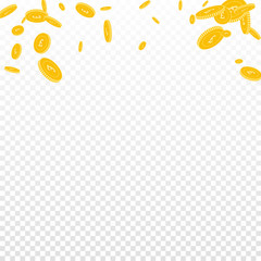 British pound coins falling. Scattered disorderly 