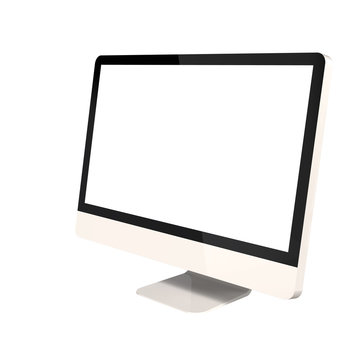 Angle View of Blank PC Monitor Isolated on White Background. Realistic 3D Render of White Modern Sleek Screen.