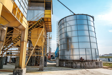 agro-processing and manufacturing plant for processing and silver silos for drying cleaning and storage of agricultural products, flour, cereals and grain. Granary elevator.
