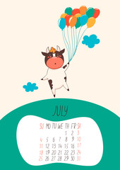 Obraz premium Calendar for July 2021. Cute bull holds balloons. Vector graphics.