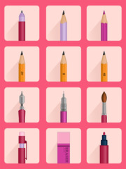 The set of vector icons with drawing tools on coral-rose background