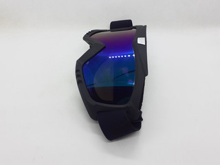 Dark Colored Plastic Modern Goggles for Eye Protection in Motorbike Sport and Paintball Games in White Isolated Background 