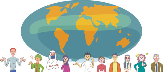 地球に立つ様々な国の人たち　イラスト
