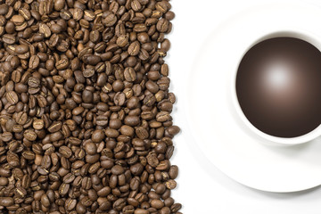 Coffee mugs and coffee beans on a white background