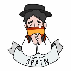 Pray for Spain, Man wearing mark Spain flag cartoon vector illustration