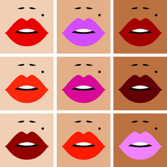 Set sexy woman's lips, different colors lipstick, different colors skin, make up artist. Beauty logo. Vector illustration. 