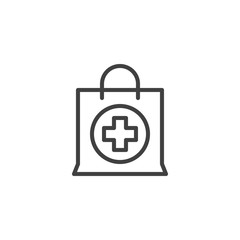 Pharmacy shopping bag line icon. linear style sign for mobile concept and web design. Drugstore delivery bag outline vector icon. Symbol, logo illustration. Vector graphics