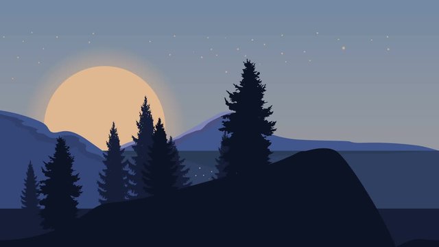 Animated cartoon background. Looped animation of mountain landscape with pine trees. Flat footage with parallax effect. side view