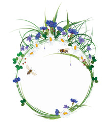 vector round floral frame with wild flowers, bees and strawberry