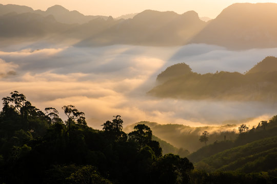 Beautiful scenery during sunrise of Doi Tapang (Doi Ta Pang) Viewpoint at Khao Talu Subdistrict, Sawi District, Chumphon province in Thailand.