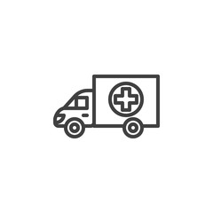 Medicine delivery truck line icon. linear style sign for mobile concept and web design. Ambulance van outline vector icon. Symbol, logo illustration. Vector graphics